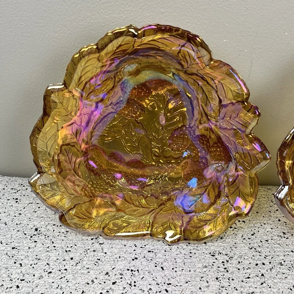 Indiana Glass 2 Vintage Marigold Carnival Glass Triangular Dishes Loganberry